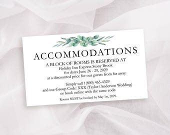 Printed Hotel Block Insert Card, Accommodations Information card, Lodging Info Enclosure Card, Eucalyptus sage green greenery, 2"x3.5"