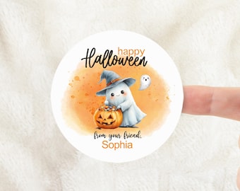 Cute Ghost Happy Halloween personalized stickers with watercolor girl ghost in witches hat accent, for Halloween treats