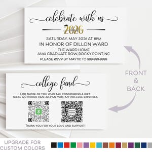 Graduation Party Insert Card with College Fund QR codes, Grad Gift Cash and Registry QR, Class of 2026 Graduate Enclosure Card, printed