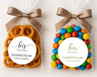 His and Her Favorite stickers, Personalized favorite snack / candy Wedding labels for party favors or welcome bags, Optional bags