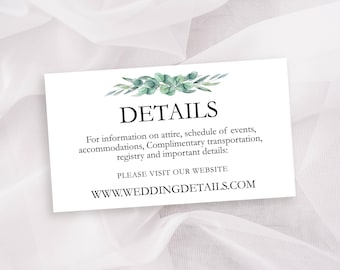 Printed Wedding Details Insert Card, Registry Enclosure Card, Wedding Information card, Eucalyptus Sage Greenery, 2"x3.5" Business Card Size