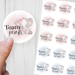 Gender Reveal stickers, Baby Elephant Team Pink and Team Blue baby label, shower stickers, boy or girl