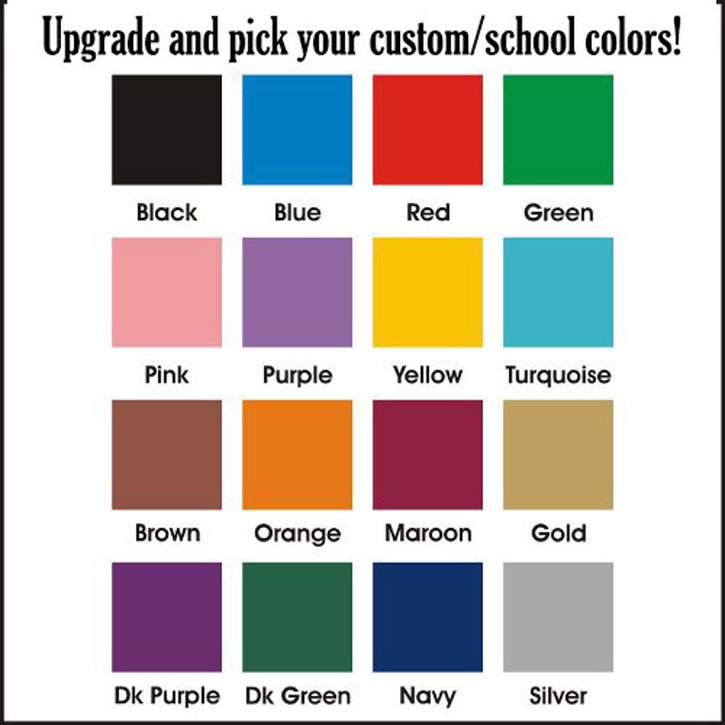 May include: A chart of 16 color swatches with the names of each color listed below. The colors include black, blue, red, green, pink, purple, yellow, turquoise, brown, orange, maroon, gold, dark purple, dark green, navy, and silver.