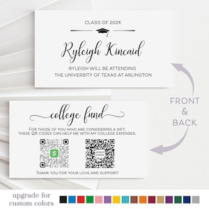 Graduation Insert Card with Graduate's name, College info and College Fund QR codes, Grad Gift Cash and Registry, Class of 2026