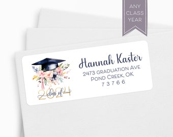 Graduation Address Label, Watercolor Floral Return Address Sticker for Graduate Announcement Invitation, Class of 2024, Class of 2025