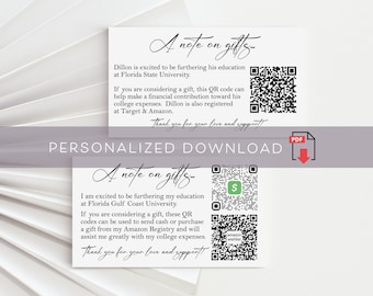 Graduation Gift Insert Card PDF Download, College Fund QR Code Enclosure Card Printable PDF, Grad Gift Registry, school colors