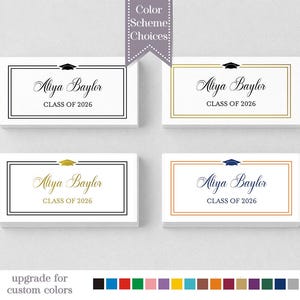 May include: Four graduation announcement cards with the name "Aliya Baylor" and "Class of 2026" printed on them. Each card has a different color scheme, including black, gold, and blue accents. The text "Color Scheme Choices" and "upgrade for custom colors" are also visible.