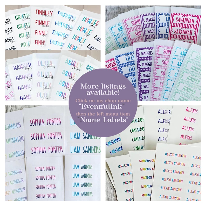 Pu&ograve; includere: Una collezione di etichette adesive con nomi su fogli bianchi, che riportano vari nomi come Finnley, Emerson, Hunter, Hannah, Olivia, Ashley, Sophia Porter, Liam Sanders e Alexis Samson in diversi caratteri, motivi e stili colorati.