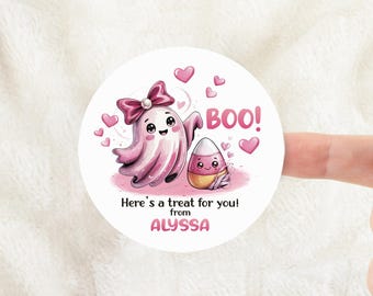 Cute Pink Coquette Ghost Halloween personalized stickers with Boo Here's a treat for you saying, for Halloween treats