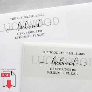 Zukünftige Mr und Mrs Adressaufkleber, bald Mr und Mrs Adressaufkleber, Elegantes hoch entwickeltes Hochzeitsadressaufkleber, personalisiertes PDF