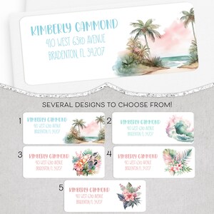 May include: Five different designs for return address labels featuring a tropical theme. Each label has the name "Kimberly Gammond" and the address "410 West 63rd Avenue, Bradenton, FL 34207". The designs include palm trees, a beach scene, a wave, tropical flowers, and a seashell.
