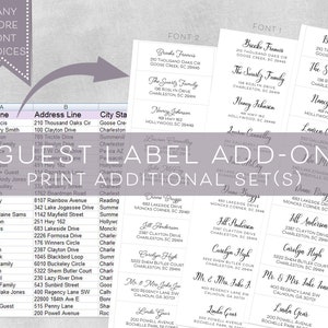 May include: A spreadsheet with a list of names and addresses, along with a variety of pre-printed address labels in different fonts and styles. The labels are for guests and include names, addresses, and city and state information. The text on the labels is in a cursive font.