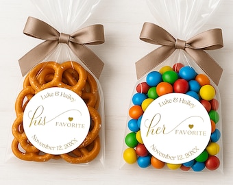 His and Her Favorite stickers, Personalized favorite snack / candy Wedding labels for party favors or welcome bags, Optional bags