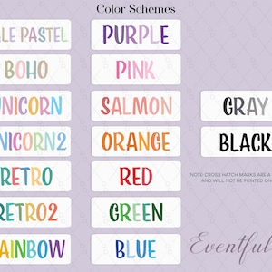 Pu&ograve; includere: Una tabella colori che mostra varie opzioni di testo, tra cui Pale Pastel, Boho, Unicorn, Unicorn2, Retro, Retro2, Rainbow, Purple, Pink, Salmon, Orange, Red, Green, Blue, Gray e Black. Il testo Eventful INK &egrave; in basso a destra.