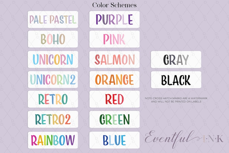 Pu&ograve; includere: Una tabella colori che mostra varie opzioni di testo, tra cui Pale Pastel, Boho, Unicorn, Unicorn2, Retro, Retro2, Rainbow, Purple, Pink, Salmon, Orange, Red, Green, Blue, Gray e Black. Il testo Eventful INK &egrave; in basso a destra.