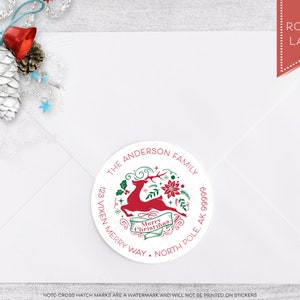 Reindeer Christmas Round Address Label, Holiday Address Label, Vixen Round Mailing Address Sticker, 2" Circle Return Mailing Sticker