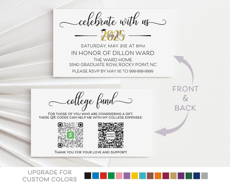 K&ouml;nnte beinhalten: Eine wei&szlig;e und goldene Graduation-Ank&uuml;ndigungskarte mit einem schwarzen Strich und dem Text "celebrate with us 2025" in Gold. Die R&uuml;ckseite der Karte tr&auml;gt den Text "college fund" und zwei QR-Codes.