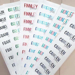Pu&ograve; includere: Una collezione di etichette adesive rettangolari con nomi disposte in strisce verticali. Ogni striscia presenta un nome e un cognome ripetuti in un colore specifico, tra cui nero, verde, rosso, blu, turchese e blu scuro.