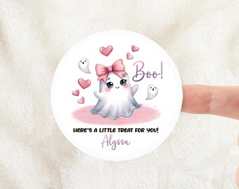 Halloween sticker, Cute Pink Coquette Ghost Halloween personalized stickers with Boo Here's a treat for you, for kids, classroom, friend