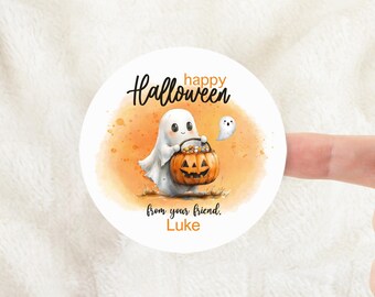 Halloween sticker, Cute Ghost Happy Halloween personalized stickers with watercolor boy or girl ghost accent, for Kids Halloween treats
