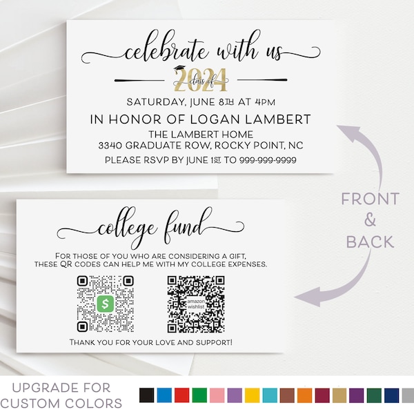 Graduation Party Insert Card with College Fund QR codes, Grad Gift Cash and Registry QR, Class of 2024 Graduate Enclosure Card, printed