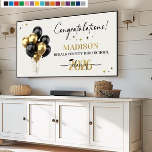 Graduation Party Decor, Frame TV Art personalized for Class of 2026 Graduate in School colors with balloons, Smart TV Frame Art