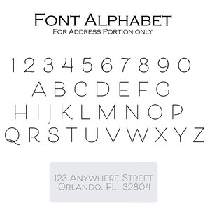 K&ouml;nnte beinhalten: Ein Schwarzwei&szlig;bild eines Schriftsatzes f&uuml;r den Adressteil. Die Schriftart ist eine einfache, klare, serifenlose Schrift. Die Zahlen 1 bis 0 und die Buchstaben A bis Z werden in einer einzigen Zeile angezeigt. Der Text "123 ANYWHERE STREET ORLANDO, FL 32804" wird unterhalb des Alphabets angezeigt.