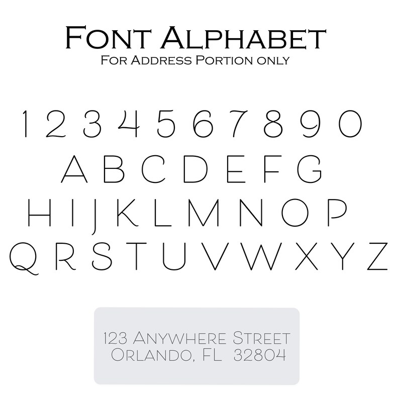 K&ouml;nnte beinhalten: Ein Schwarzwei&szlig;bild eines Schriftsatzes f&uuml;r den Adressteil. Die Schriftart ist eine einfache, klare, serifenlose Schrift. Die Zahlen 1 bis 0 und die Buchstaben A bis Z werden in einer einzigen Zeile angezeigt. Der Text "123 ANYWHERE STREET ORLANDO, FL 32804" wird unterhalb des Alphabets angezeigt.