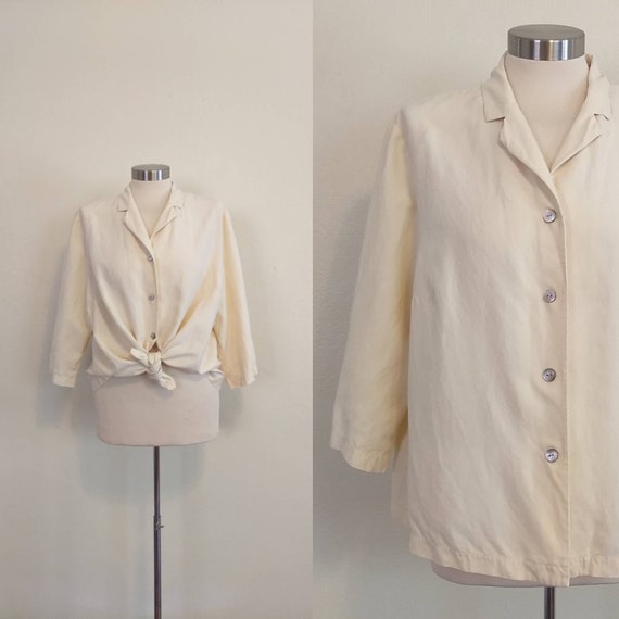 80s Neutral Silk and Linen Boxy Blouse