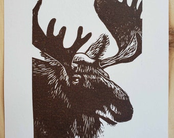 Moose linocut – hand printed, Colorado art, moose, lino, block print, relief print, animal art, home decor, one of a kind, original design