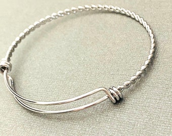 Silver Stainless Steel, Adjustable Twisted Bangle Bracelet, 60mm  and 65mm, 1.6mm wire, Bulk Bracelets Jewelry Supplies