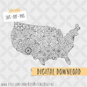 United States Mandala Digital File - SVG DXF PNG Digital Download - Vector Cut File - Line Art - Coloring Page - Zentangle Mosaic