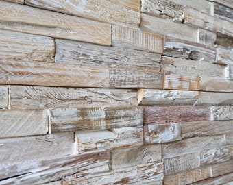 May include: A wall made of reclaimed wood planks, with a whitewashed finish. The planks are arranged in a staggered pattern, creating a rustic and modern look.