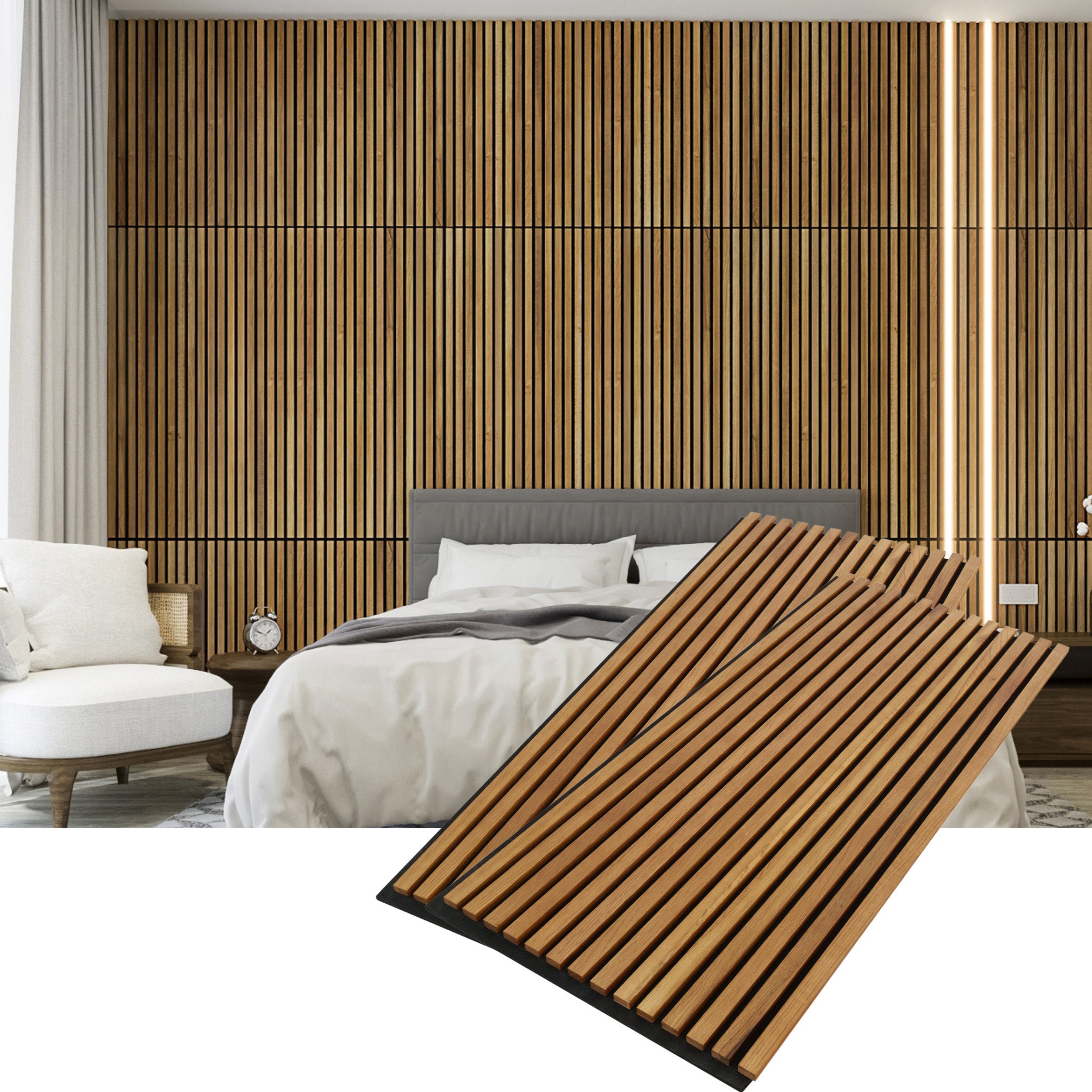 Woody Walls Solid Wood Slat Wall Paneling Set of 2 Seamless Joint Wood Wall  Panels Acoustic Wood Panels DIY Wood Slat Wall white Oak 