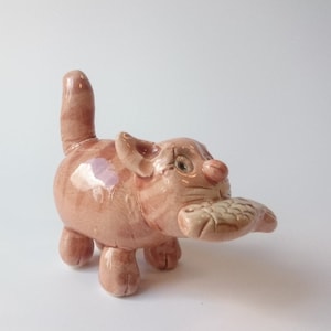 Cat figurine handmade ceramic decor miniatures collectibles orange cat with fish