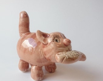 Figura de gato decoración cerámica hecha a mano miniaturas coleccionables gato naranja con pescado