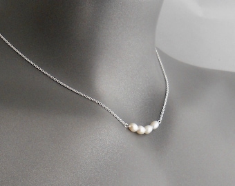 Dainty Pearl Necklace for Women, Genuine Four Pearl Pendant, Simple Row Pearls, Mothers, Wedding, Christmas, June Birthday Gifts for her.