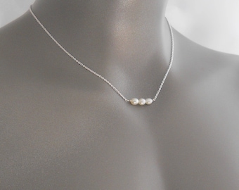 Pearl necklace, Genuine Three Pearl Floating Necklace, Mother’s gift, Bridesmaid Bridal Gift, Simple Gifts for Her, June Birthstone