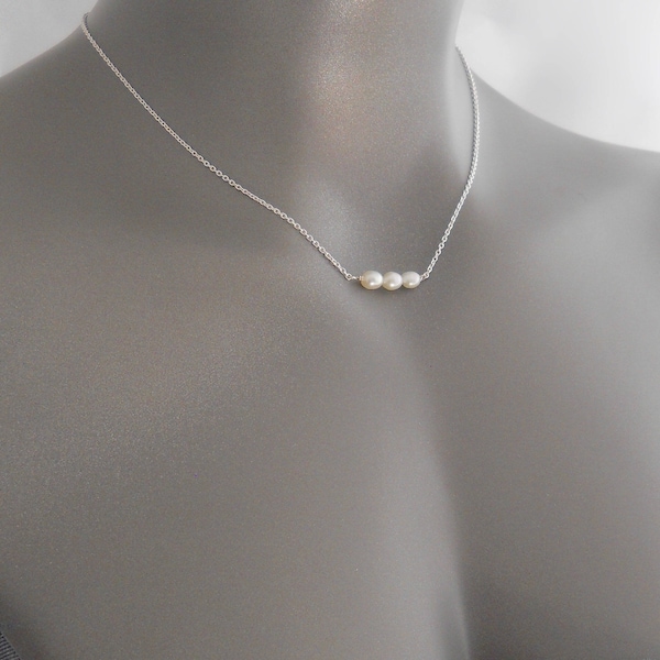 Pearl necklace, Genuine Three Pearl Floating Necklace, Mother’s gift, Bridesmaid Bridal Gift, Simple Gifts for Her, June Birthstone