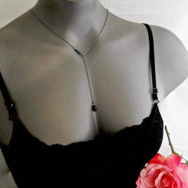 Black Backdrop Necklace, Black Lariat for Women, Non Traditional Crystal Pendant, Backless Dress Jewelry, Halloween Jewelry, New Year Eve