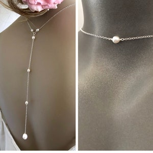 Pearl BackDrop Jewelry for Women, Pearl Backless Pendant, Long Y Necklace, Custom Wedding Day Back Drop, Sterling Silver Necklace