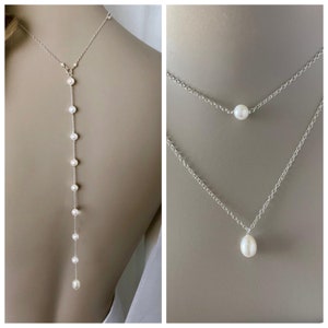 Backdrop Necklace with Back Pendant, Front Tiered Necklace with Pearl Every Inch Pendant, Backless Necklace, Pearl Prom or Special Occasion