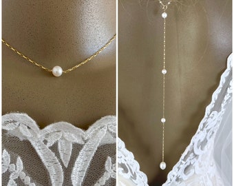 BackDrop Necklace for Women, Pearl Back Pendant, Prom Backless Dress, Back Drop Jewelry, Fancy Elongated Rolo Gold Filled Attachable Drop