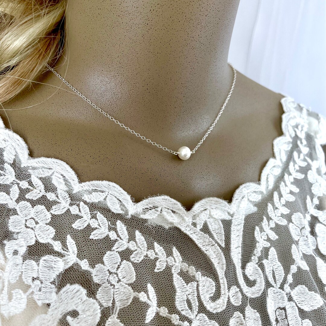Single Pearl Necklace, One Pearl Choker, Freshwater Pearl Horizontal