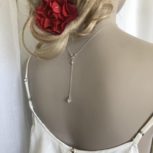 Silver Backdrop Necklace, Simple Bridal Wedding Jewelry, Crystal Back Drop, Sterling Silver Y Pendant for Women, Lariat Necklace