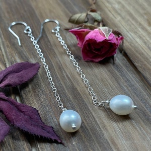 Pearl Drop Earrings, Sterling Silver or Gold Filled Chain Earrings, Bold Freshwater Pearl Bridal Jewelry, Long Dangle Earrings