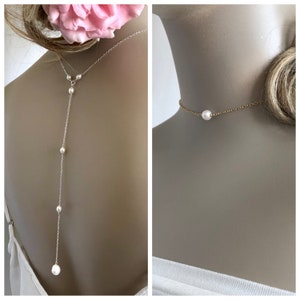 Pearl BackDrop Jewelry for Women, Pearl Backless Pendant, Long Y Necklace, Custom Wedding Day Back Drop, Sterling Silver Necklace image 6