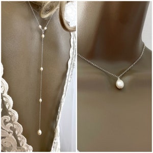 Pearl BackDrop Jewelry, Pearl Front and Back Drop Y Necklace, Custom Backless Dress Drop, Sterling Silver Necklace, Spring Wedding