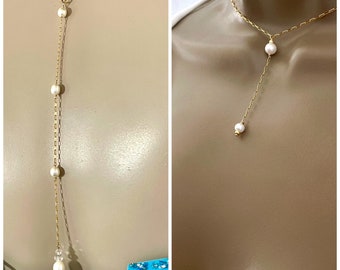 Pearl BackDrop Y Necklace for Wedding, Elongated Rolo and genuine Pearl, Open Front Pendant Open Back Pendant, Backless Prom Dress Jewelry