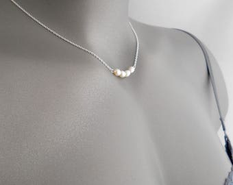 Four Pearl Necklace, Mothers Day Gift, Row of Real Pearl Pendant, Simple Floating Pearl Jewelry, June Birthday gifts, Everyday Gift Sister